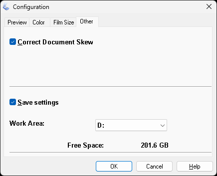 The screenshot shows the Other tab of the Configuration dialog box in the Epson Scan application. The Correct Document Skew setting is checked at the top of the window