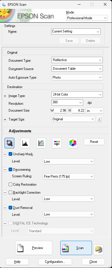 Screenshot of the Epson Scan software in Professional Mode. The window shows scan settings configured for a reflective document: 24-bit color at 300 dpi, original size 2.96 × 4.22 inches, with adjustments including low-level Unsharp Mask, Fine Prints (175 lpi) descreening, low-level Dust Removal, and other options like Color Restoration and DIGITAL ICE turned off or at default/low