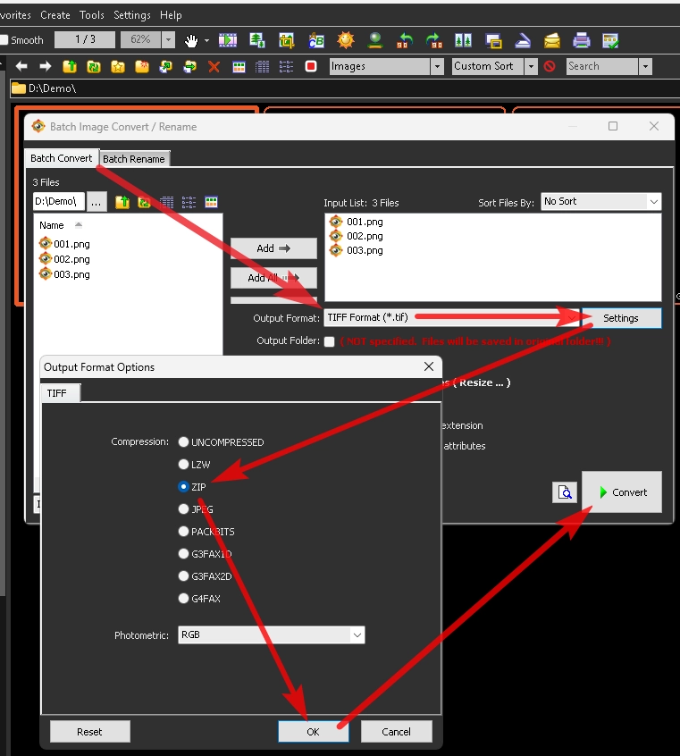 The screenshot shows the "Batch Convert" tab of the "Batch Image Convert / Rename" dialog in FastStone Image Viewer. In the central part, in the Output Format field, the TIFF format is selected. Another dialog, Output Format Options, is displayed above the dialog, with the compression option set to ZIP