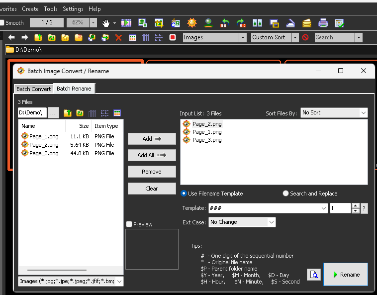 The screenshot shows the Batch Rename tab of the Batch Image Convert / Rename dialog in FastStone Image Viewer. The left side of the dialog displays a list of files in the current folder. The right side contains a list of files to be renamed, a name mask, and the Rename button