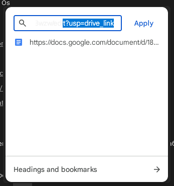 Screenshot of search bar in Google Docs with DocsAfterDark extension, showing typed query 3wzweh t?usp=drive_link with Apply button, illustrating potential link insertion or parsing context in reported color bug issue. Below, a document link URL is visible.