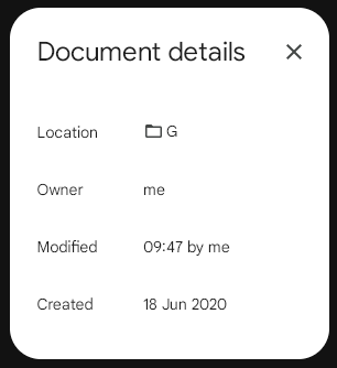Screenshot of Google Docs Document details panel in DocsAfterDark dark mode, illustrating bug where panel background remains white instead of inverted to dark. Fields shown: Location with folder icon and G, Owner: me, Modified: 09:47 by me, Created: 18 Jun 2020.