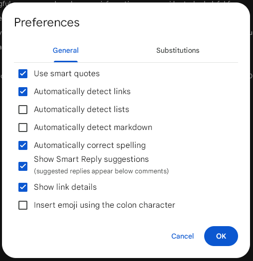 Screenshot of Google Docs Preferences dialog in DocsAfterDark extension, illustrating bug where the panel remains in light theme despite dark mode enabled. General tab selected, showing checkboxes for smart quotes, link detection, spelling correction, Smart Reply suggestions, and link details (most enabled). Buttons: Cancel and OK.