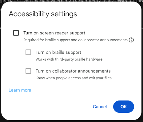 Screenshot of Google Docs Accessibility settings dialog in DocsAfterDark extension, illustrating bug where panel remains in light theme despite dark mode enabled. Options shown: unchecked Turn on screen reader support (required for braille and announcements), Turn on braille support (third-party hardware), Turn on collaborator announcements. Buttons: Cancel and OK.