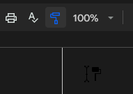 Screenshot of Google Docs toolbar in DocsAfterDark dark mode, illustrating bug where Paint format tool cursor (paint roller icon) remains light instead of inverting to dark, reducing visibility against dark background. Zoom level shows 100%, with partial ruler visible below.
