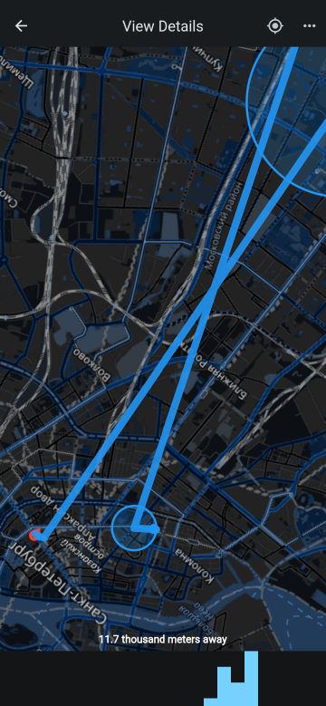 Screenshot of Locus app map in dark mode, illustrating low visibility of blue route line and markers against dark background. Thick blue path curves across roads, ending at red destination marker, with circled thin blue segments and endpoint highlighting poor contrast. Sidebar shows View Details label.
