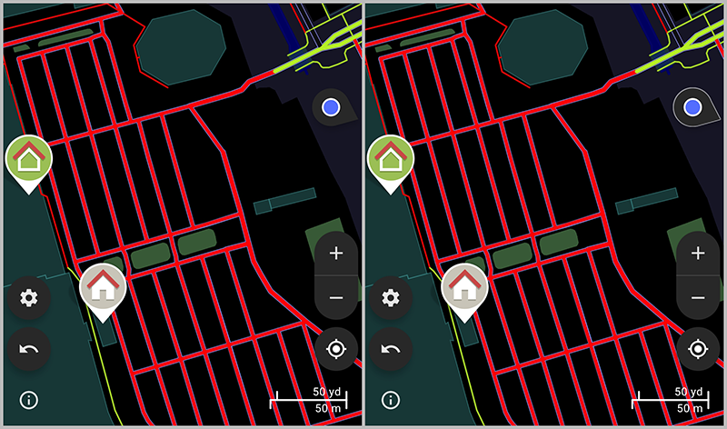 Screenshot of StreetComplete app map in dark theme, side-by-side comparison illustrating poor visibility of off-screen location indicators. Both views show red-outlined roads with home icons pinned; left has faint user location arrow, right shows improved contrast version for the same area. Scale bar indicates 50 yd / 50 m, with zoom and compass controls visible.