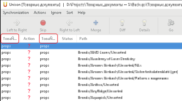 Screenshot of Unison file synchronizer GUI on Windows, illustrating bug where some comparison result column headers appear garbled or unreadable (shown as question marks under Action). Rows list multiple props entries with paths, under columns including ToBaN…, Action, Status, and Path. Toolbar options: Left to Right, Skip, Right to Left, Merge, Diff, Details, Go.