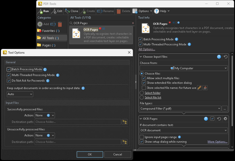 Screenshot of PDF-Tools interface with OCR Pages tool selected. Options include batch and multi-threaded processing enabled, input from multiple PDF files via My Computer, output actions set to None, and OCR setup to ignore text-containing documents with dialog shown during run. OK and Cancel buttons at bottom