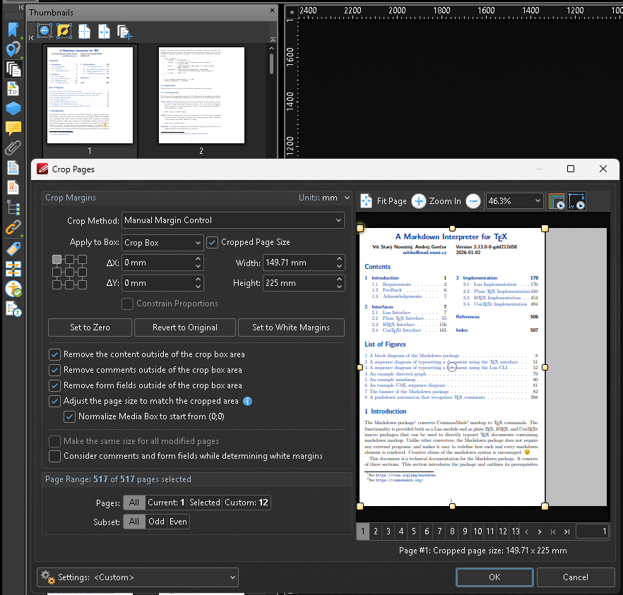 Screenshot of the Crop Pages dialog open over the main editor window. The crop method is Manual Margin Control. Apply to Crop Box checked, various removal checkboxes for content, comments, form fields outside the box are on, Adjust page size to match cropped area selected. Preview shows the page with crop handles and rulers