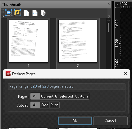 Screenshot of the "Deskew Pages" dialog in PDF-XChange Editor. It shows a thumbnails panel with two document pages visible and a dialog for deskewing selected pages. Page range set to All, Current:6, Subset: All, with OK and Cancel