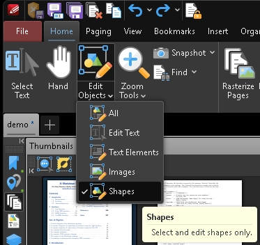A screenshot of the PDF-XChange Editor toolbar showing the Edit Objects button's drop-down list. The list includes the following options: All, Edit Text, Text Elements, Images, and Shapes (selected)