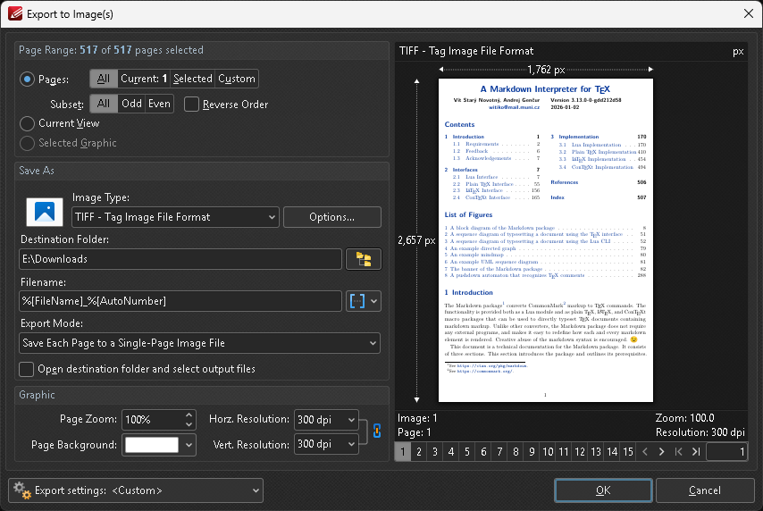 Screenshot of the Export Image(s) dialog. Configured for all pages, saving as single-page TIFF files with filename pattern. Horizontal and vertical resolution both 300 dpi, page zoom 100%, background white