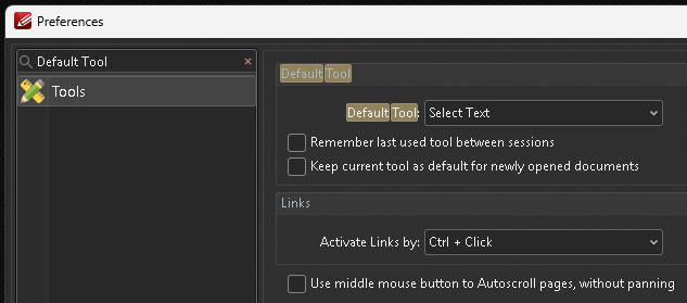 Screenshot of the Preferences window in PDF-XChange Editor, focused on Tools > Default Tool section. Default Tool is set to Select Text. Checkboxes for remembering last used tool between sessions and keeping current tool as default for new documents are unchecked. Links section has Activate Links by set to Ctrl + Click