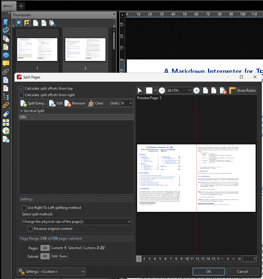 Screenshot of the "Split Pages" dialog in PDF-XChange Editor. Vertical split at 50%, calculating offsets from top, preview shows page 1 split with a red vertical line. Settings marked as Custom, with OK and Cancel buttons