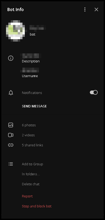 Screenshot of Telegram bot info panel in dark mode, illustrating incomplete theme application with light background in shared media counters (6 photos, 2 videos, 5 shared links) and some menu items. Options include Notifications toggle off, Add to Group, Delete chat, Report, Stop and block bot.