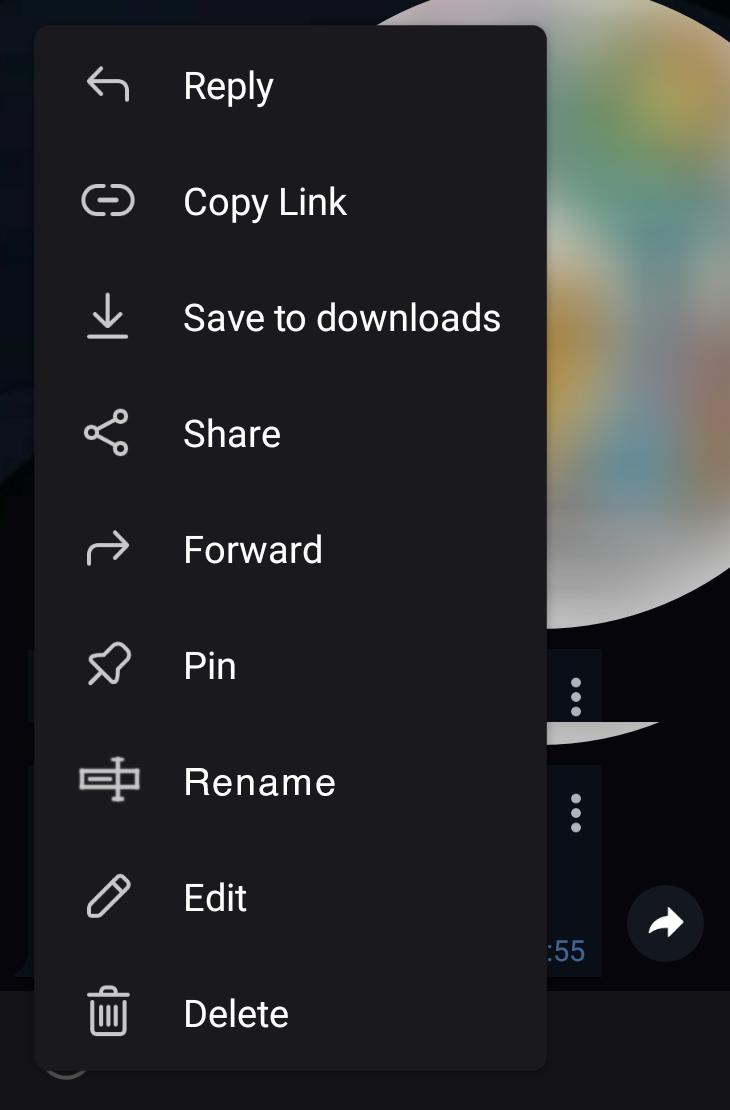 Screenshot of Telegram context menu for a media item in dark mode, illustrating bug where menu background remains light gray instead of fully dark. Options listed: Reply, Copy Link, Save to downloads, Share, Forward, Pin, Rename, Edit, Delete. Partial view of colorful image in background.