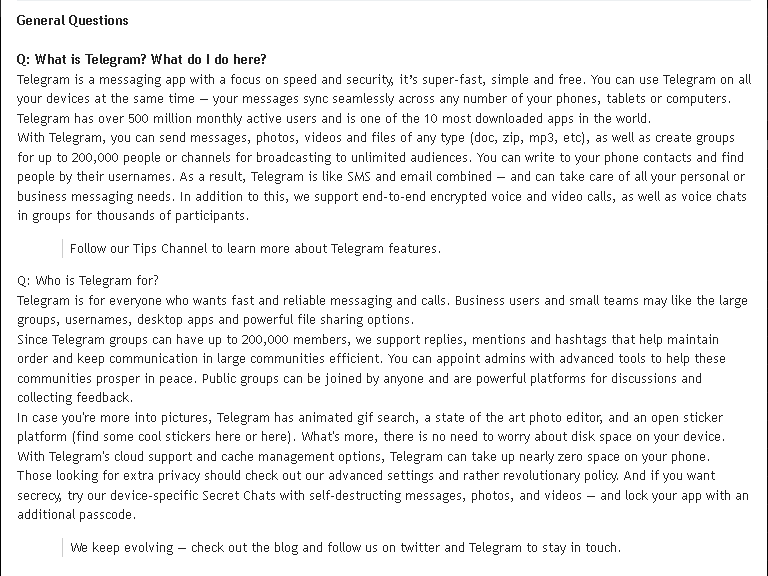 Screenshot of Telegram General Questions FAQ page in light theme, illustrating reported bug where introductory welcome screen or help text fails to adapt to dark mode. Text covers app description, features like messaging, groups up to 200,000 members, encryption, and privacy options. Links to Tips Channel and blog mentioned.