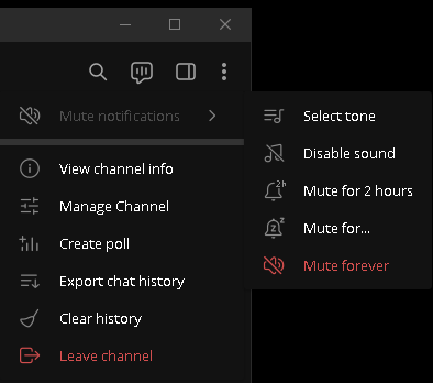 Screenshot of Telegram channel management menu in dark mode, illustrating bug with red mute icon in submenu. Main menu options include Mute notifications, View channel info, Manage Channel, Create poll, Export chat history, Clear history, Leave channel. Submenu for mute duration: Select tone, Disable sound, Mute for 2 hours, Mute for…, Mute forever (highlighted in red).