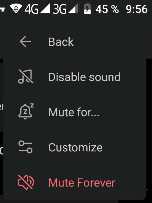 Screenshot of Telegram notification mute submenu in dark mode, illustrating bug where Mute Forever option uses red text and icon for emphasis. Options listed: Disable sound, Mute for…, Customize, with Mute Forever highlighted in red at bottom. Back arrow visible at top.