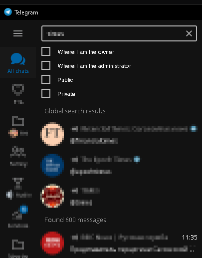 Screenshot of Telegram global search interface in dark mode, illustrating reported bug where thumbnails in search results remain light or poorly contrasted. Search bar with query, filters like All chats, Public, Private unchecked, Global search results with channel icons, and Found 600 messages section visible.