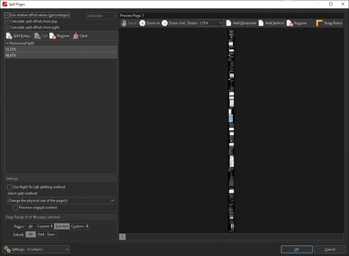 Split Pages dialog of a desktop PDF editor showing controls for dividing pages by horizontal or vertical offsets, with percentage-based split positions listed on the left, options to calculate offsets from edges, page range selection, and a central preview pane displaying the page layout with adjustable rulers, zoom, and split guides.