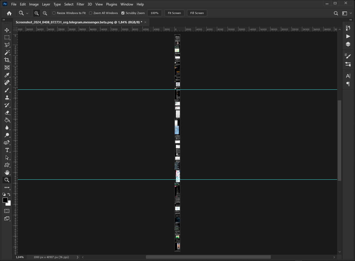 Main workspace of a Photoshop showing an extremely tall, narrow screenshot opened on a dark canvas, with rulers enabled, horizontal guide lines across the canvas, zoom and fit controls in the top bar, a vertical tools panel on the left, and layer and tool option panels on the right, demonstrating navigation and alignment while working with a long image.
