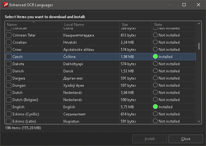 Screenshot of Enhanced OCR Languages dialog in PDF-XChange Editor titled Select items you want to download and install. Table shows Name, Local Name, Size, and State columns. Czech Čeština 1.94 MB Installed highlighted with green circle. English Installed with green circle. Most languages Not installed. Buttons Install and Close.