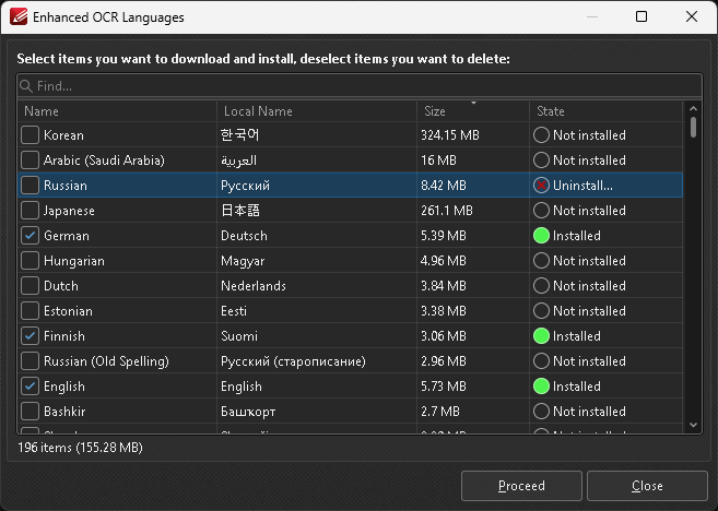 Screenshot of Enhanced OCR Languages dialog in PDF-XChange Editor, demonstrating the resolved issue with uninstalling language packs. Title updated to Select items you want to download and install, deselect items you want to delete. Russian language entry (Русский, 8.42 MB) is selected with Uninstall… status in red; multiple installed languages checked for deletion including Finnish, Russian (Old Spelling), English, Bashkir. Total: 196 items, 155.28 MB. Buttons: Proceed and Close.