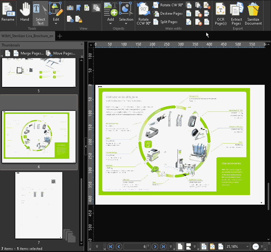 Main workspace of a PDF-XChange Editor (desktop PDF editor) showing a document open in page view, with a left sidebar of page thumbnails for navigation and reordering, a central canvas displaying the current page with rulers and zoom controls, and a top ribbon toolbar providing tools for text selection, editing, rotation, splitting pages, OCR, page extraction, and document sanitization.
