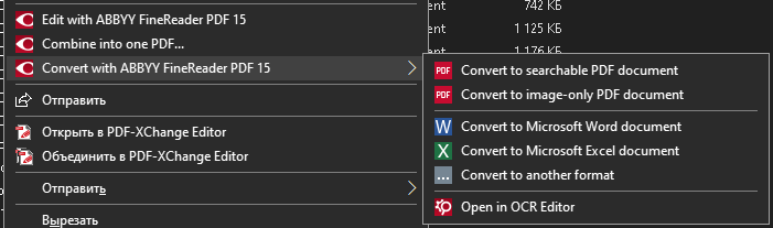 File context menu in a desktop operating system showing document conversion options, with a submenu for converting a file to searchable or image-only PDF, Microsoft Word or Excel formats, other formats, or opening it in an OCR editor, demonstrating quick access to format conversion tools from the file manager.