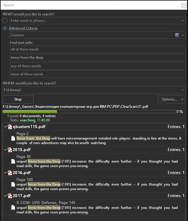 The search used the phrase Terror from the Deep in the This Exact Phrase field.